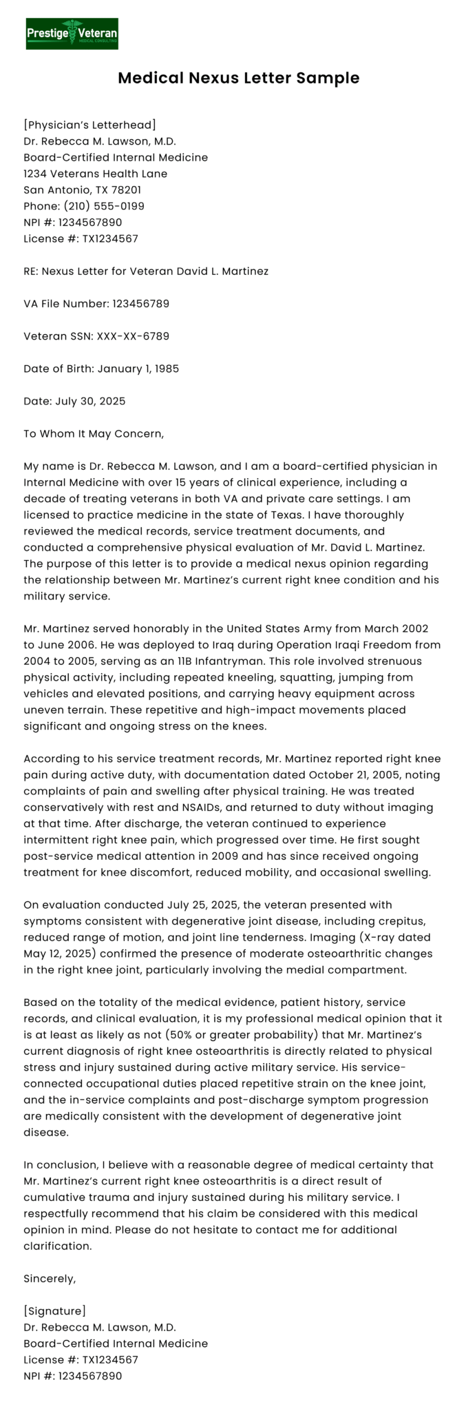 VA Nexus Letter Sample