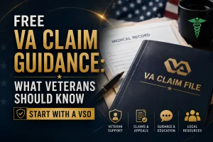 Graphic showing a VA claim file, medical record, and guidance icons with the text “Free VA Claim Guidance: What Veterans Should Know,” highlighting VSO support for veterans navigating VA claims, appeals, and resources.