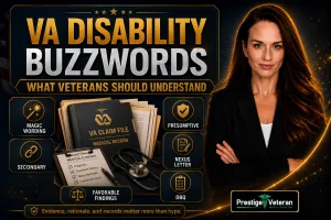 YouTube-style graphic showing VA disability buzzwords such as magic wording, Nexus letter, presumptive, and DBQ around a VA claim file, emphasizing that medical evidence and rationale matter more than online shortcuts.