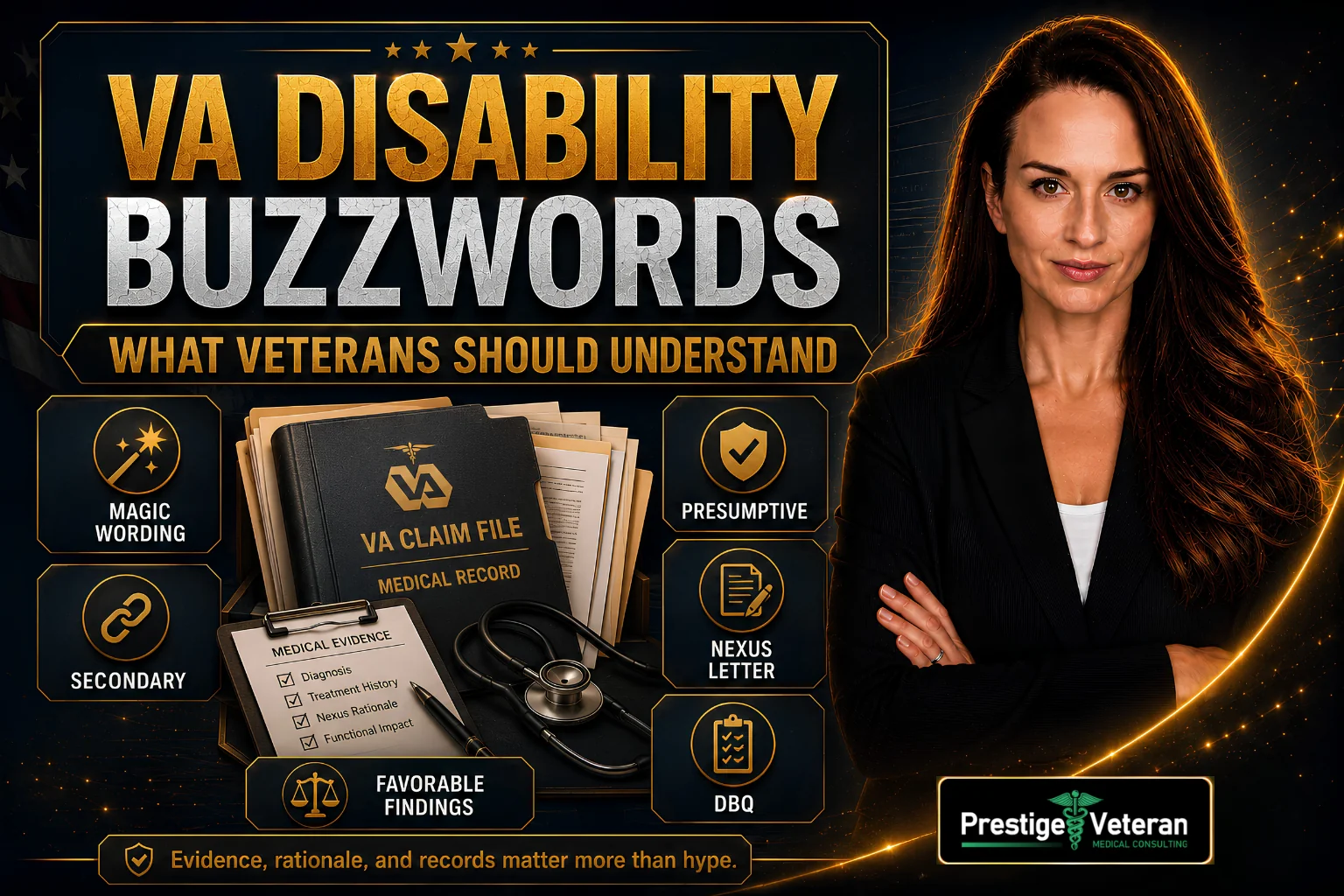 YouTube-style graphic showing VA disability buzzwords such as magic wording, Nexus letter, presumptive, and DBQ around a VA claim file, emphasizing that medical evidence and rationale matter more than online shortcuts.