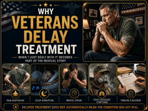 Infographic-style image showing a veteran medical history timeline with frames for chronic pain, delayed treatment, sleep issues, toxic exposure symptoms, and medical records, emphasizing why context matters when veterans report symptoms years after service.