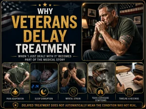 Infographic-style image showing a veteran medical history timeline with frames for chronic pain, delayed treatment, sleep issues, toxic exposure symptoms, and medical records, emphasizing why context matters when veterans report symptoms years after service.