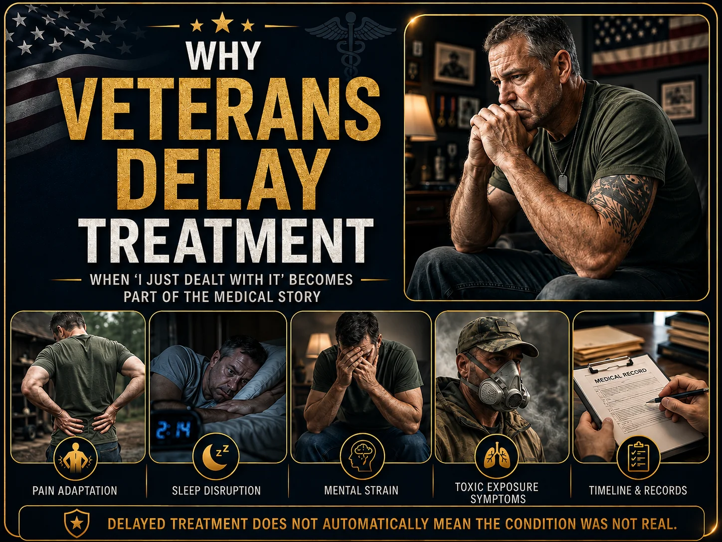 Infographic-style image showing a veteran medical history timeline with frames for chronic pain, delayed treatment, sleep issues, toxic exposure symptoms, and medical records, emphasizing why context matters when veterans report symptoms years after service.