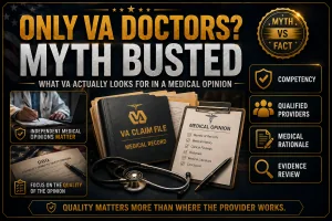 Graphic showing a VA claim file, medical opinion checklist, DBQ form, and evidence review icons with the text “Only VA Doctors? Myth Busted,” explaining that medical opinion quality depends on competency, rationale, and evidence review.