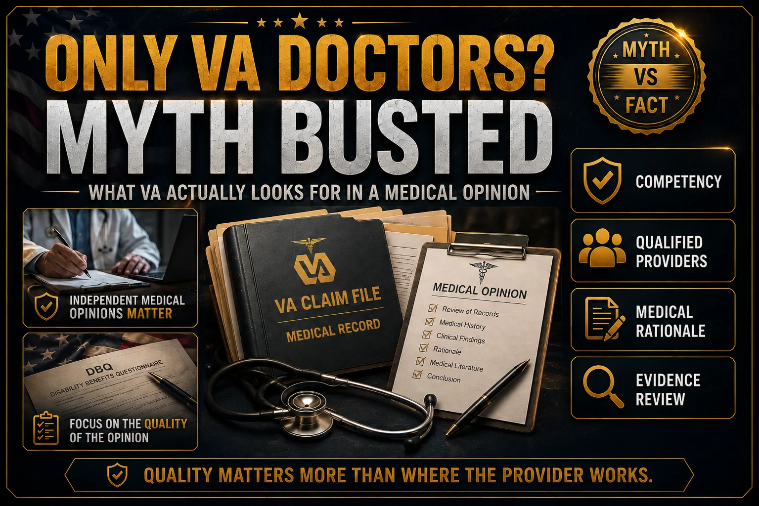 Graphic showing a VA claim file, medical opinion checklist, DBQ form, and evidence review icons with the text “Only VA Doctors? Myth Busted,” explaining that medical opinion quality depends on competency, rationale, and evidence review.