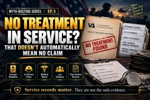 No treatment in service VA claim myth graphic showing service records, lay evidence, post-service records, and medical nexus evidence.
