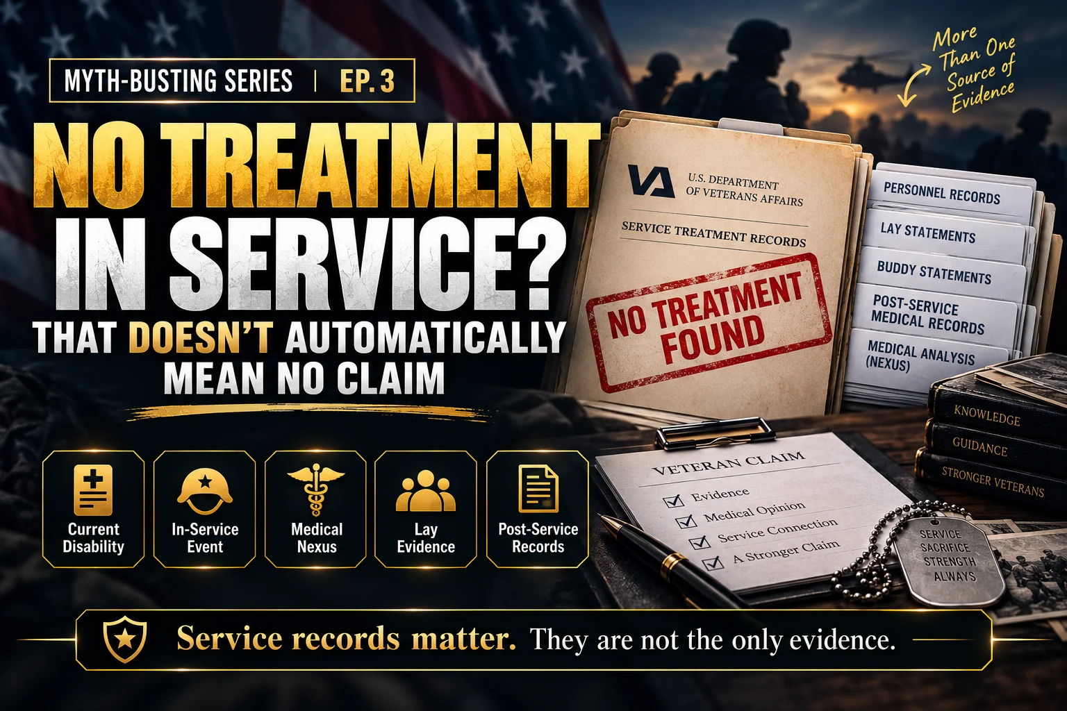 No treatment in service VA claim myth graphic showing service records, lay evidence, post-service records, and medical nexus evidence.