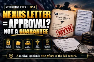 Graphic showing a Nexus letter as one piece of a larger VA claim evidence file with the text “Nexus Letter = Approval? Myth.”