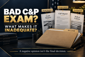 Bad C&P exam graphic showing an exam request and C&P report with highlighted concerns about the question asked, missing evidence, and medical reasoning.