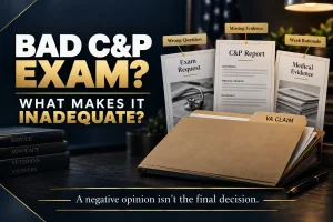 Bad C&P exam graphic showing an exam request and C&P report with highlighted concerns about the question asked, missing evidence, and medical reasoning.