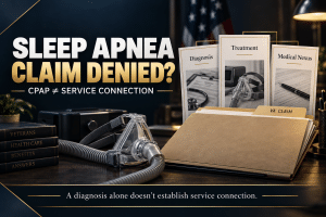 Sleep apnea VA claim graphic showing CPAP equipment and medical evidence, highlighting that diagnosis and treatment do not automatically establish service connection.