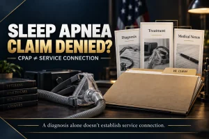 Sleep apnea VA claim graphic showing CPAP equipment and medical evidence, highlighting that diagnosis and treatment do not automatically establish service connection.