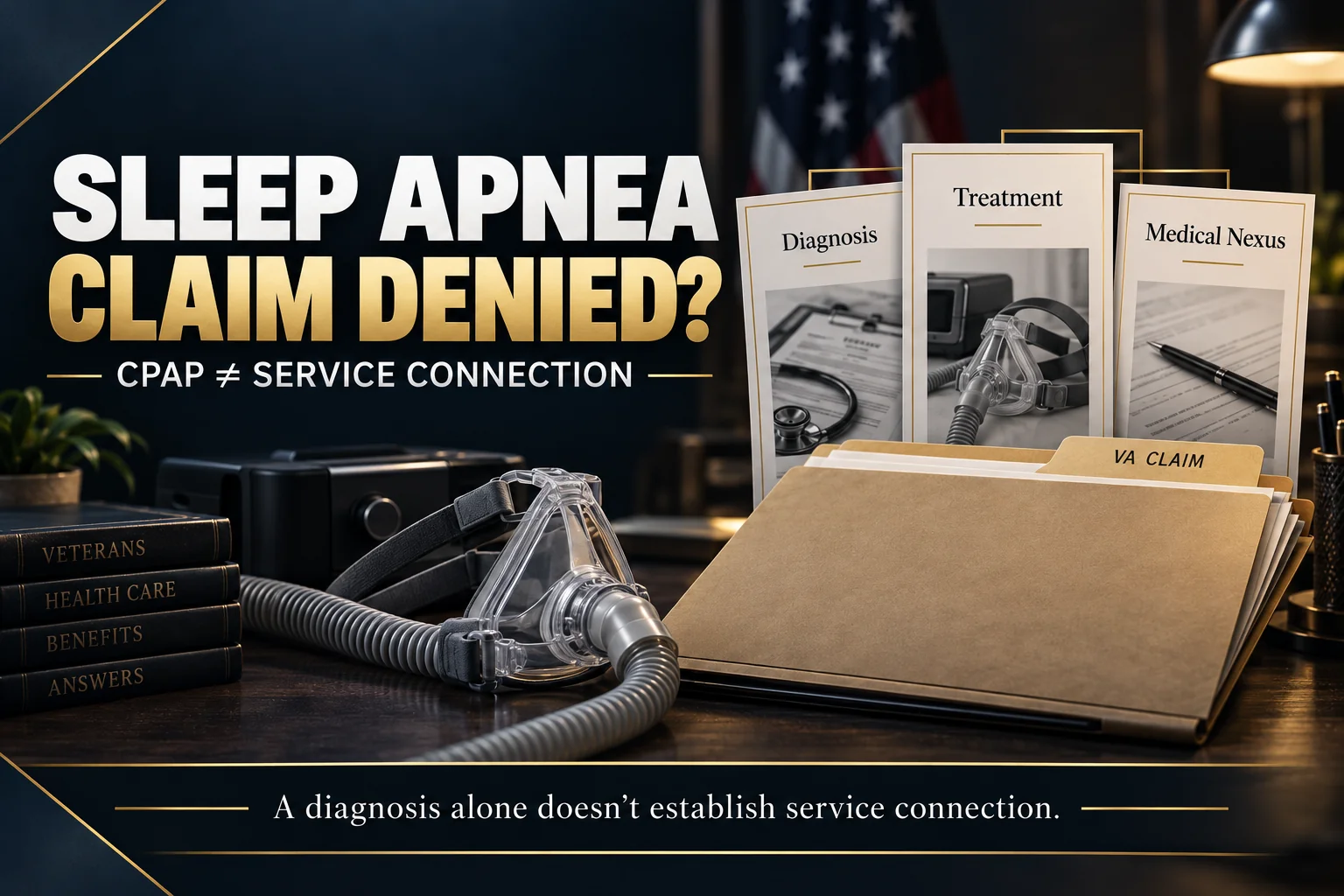 Sleep apnea VA claim graphic showing CPAP equipment and medical evidence, highlighting that diagnosis and treatment do not automatically establish service connection.