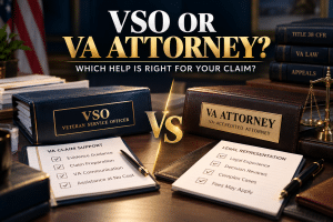 Comparison graphic showing a free VSO and VA attorney as representation options for veterans seeking help with VA disability claims.