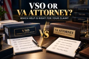 Comparison graphic showing a free VSO and VA attorney as representation options for veterans seeking help with VA disability claims.